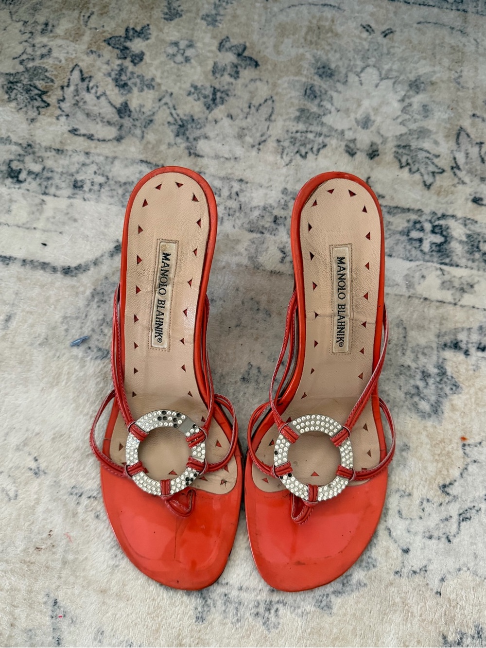 Manolo Blahnik Red Patent Leather Crystal-Embellished Slide Mules